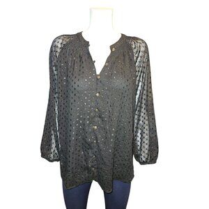 Mason & Belle Black Button-Up Blouse Sheer Sleeves & Dot Texture Women L